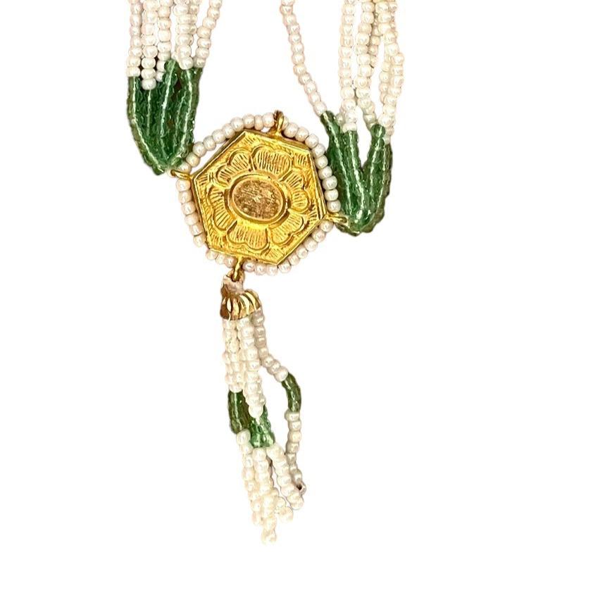 Green enamel choker, Kundan stone choker, luxury jewelry, adjustable choker, pearl choker, handcrafted jewelry, Jean Reinhardt inspired, statement necklace,