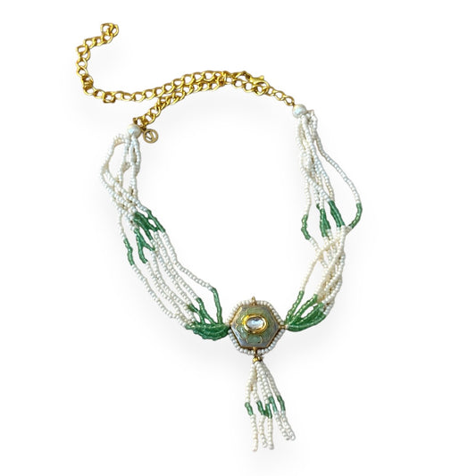 Green enamel choker, Kundan stone choker, luxury jewelry, adjustable choker, pearl choker, handcrafted jewelry, Jean Reinhardt inspired, statement necklace,