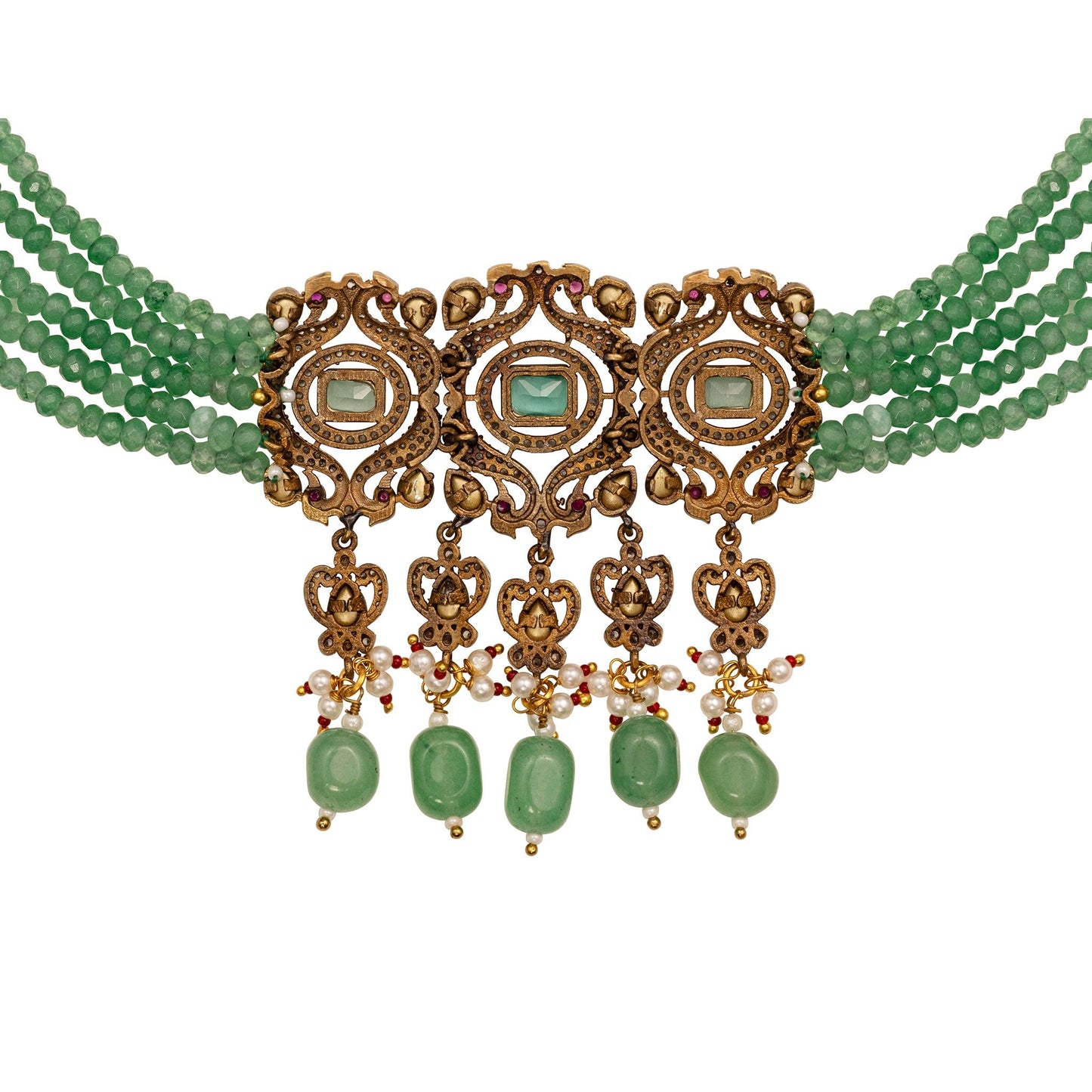 Ornate necklace with green beads and gold accents on a white background