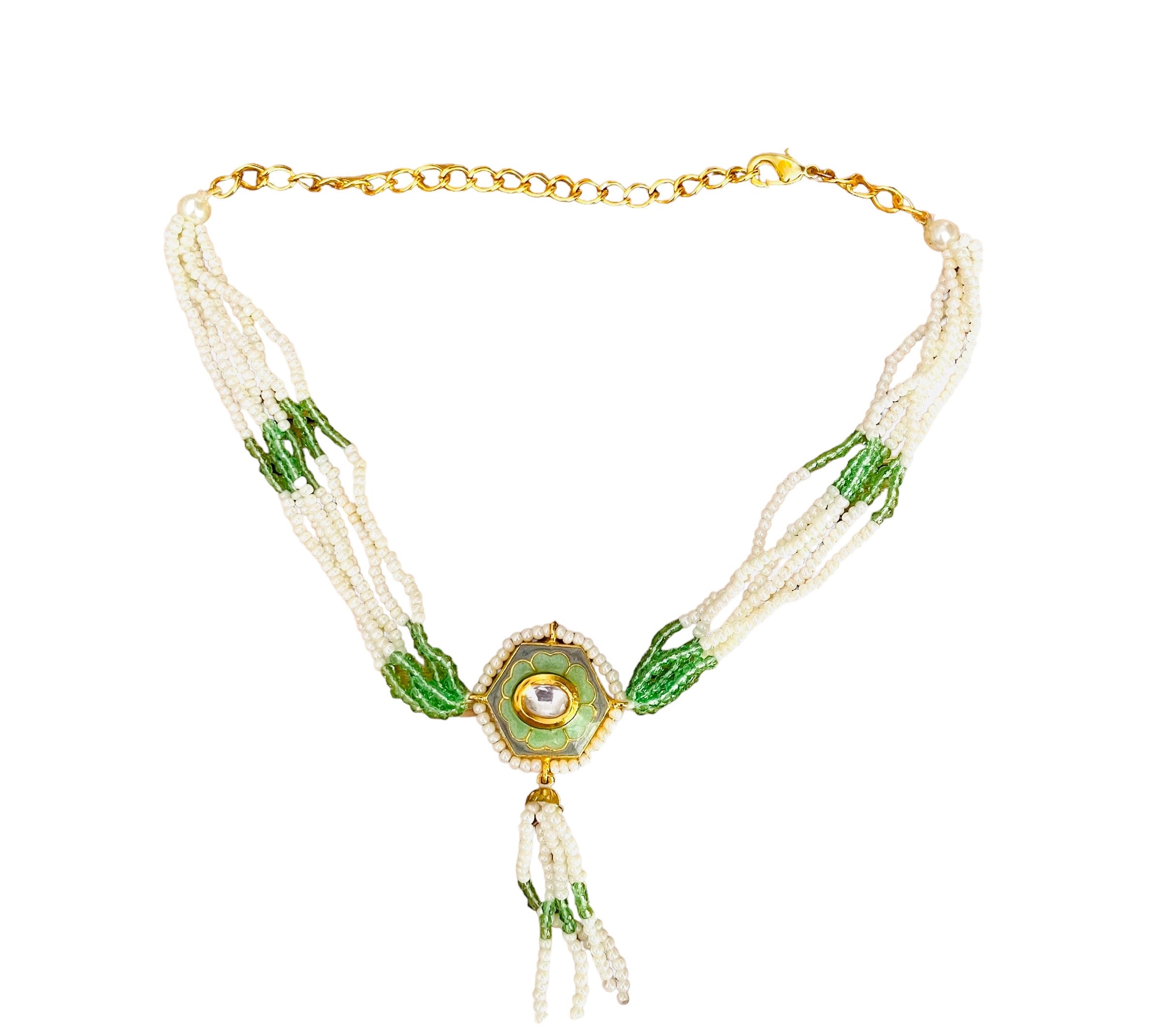 Green enamel choker, Kundan stone choker, luxury jewelry, adjustable choker, pearl choker, handcrafted jewelry, Jean Reinhardt inspired, statement necklace,