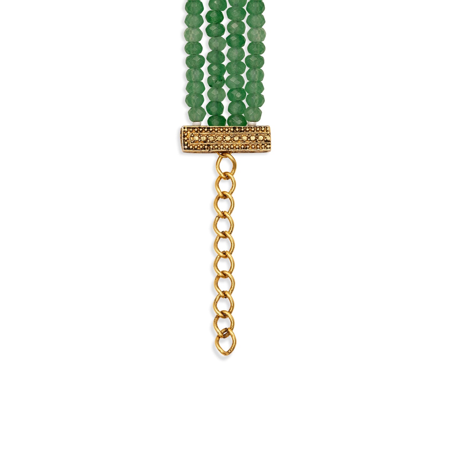 Green beaded bracelet with a gold chain on a white background