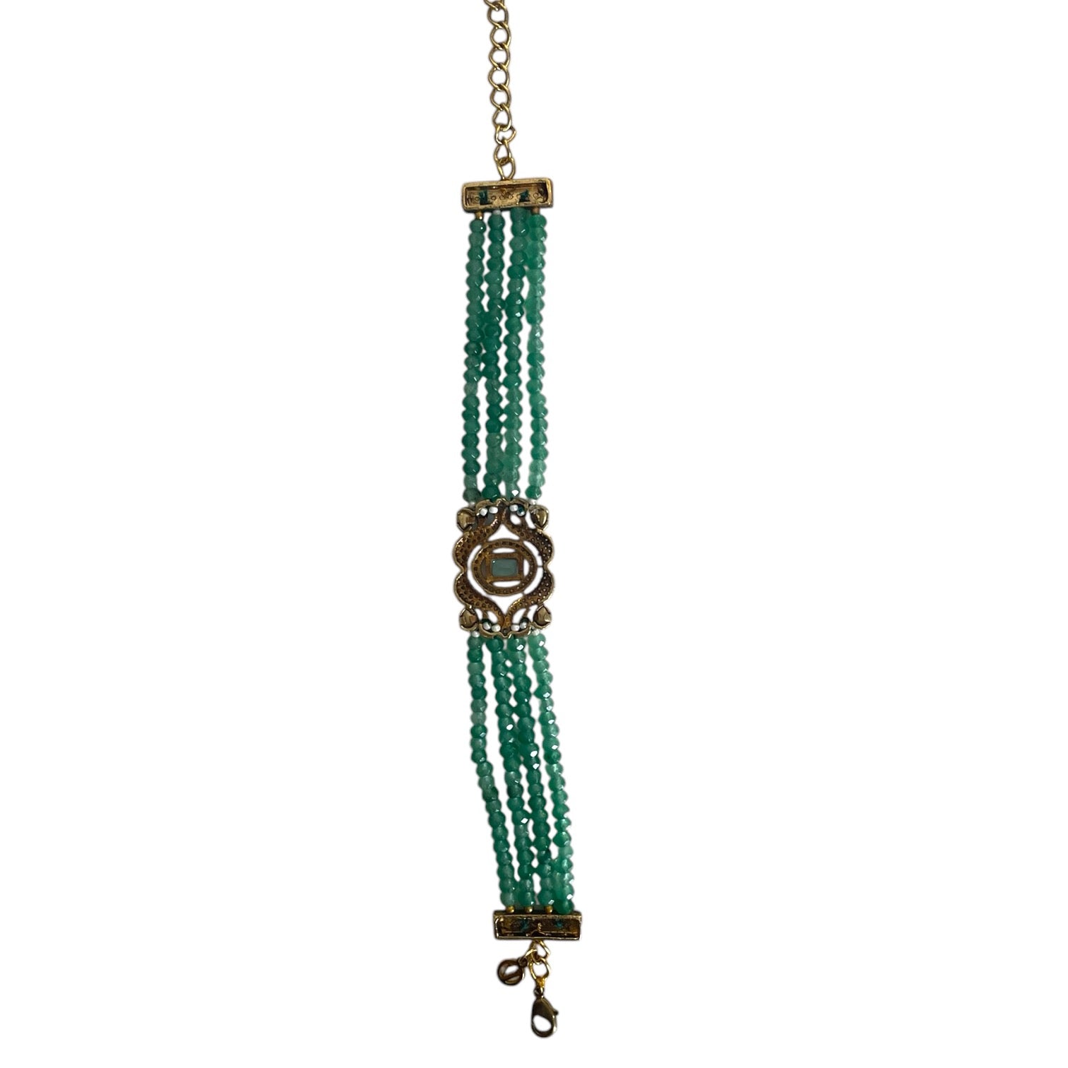 The Giovanna Bracelet is a luxurious tribute to Edith Piaf, named after her middle name, Giovanna. Handcrafted with four strands of jade beads on each side, this elegant bracelet features a rectangular center adorned with vibrant red, green, and white stones—each chosen for their symbolic meaning and energy.