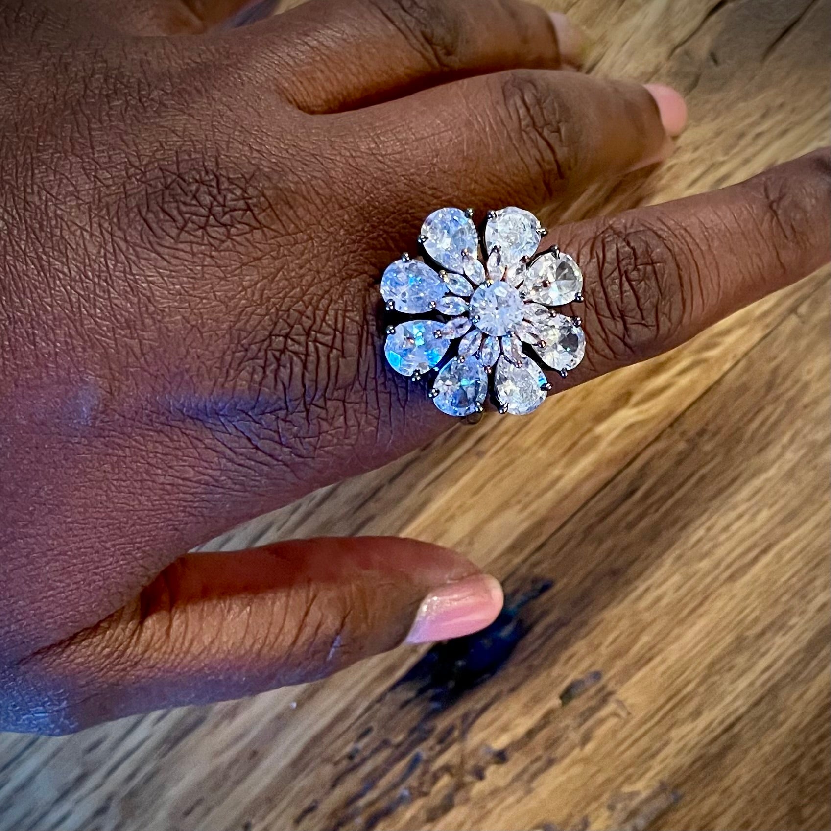 Crystal ring, white and champagne crystal ring, rhodium plated ring, rose gold plated ring, luxury jewelry, statement ring, Marcia Baila inspired, elegant adjustable ring.