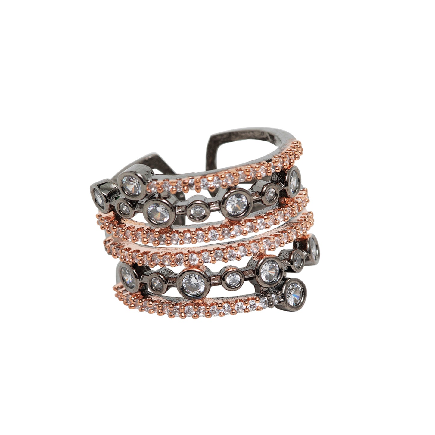 Mitsouko Ring is a dazzling celebration of beauty, sophistication, and luxury. This exquisite ring features radiant white and champagne crystals, expertly set to capture light with every movement. The shimmering crystals are beautifully complemented by the lustrous finish of rhodium and rose gold plating, creating a harmonious fusion of classic and contemporary elegance.