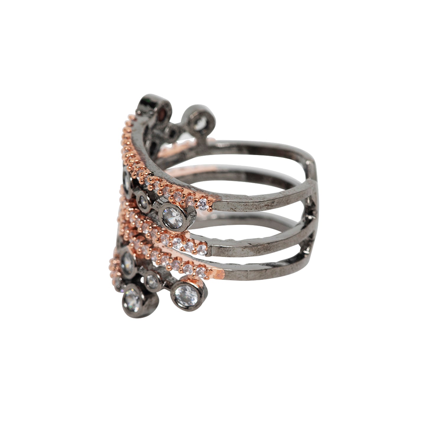 Mitsouko Ring is a dazzling celebration of beauty, sophistication, and luxury. This exquisite ring features radiant white and champagne crystals, expertly set to capture light with every movement. The shimmering crystals are beautifully complemented by the lustrous finish of rhodium and rose gold plating, creating a harmonious fusion of classic and contemporary elegance.