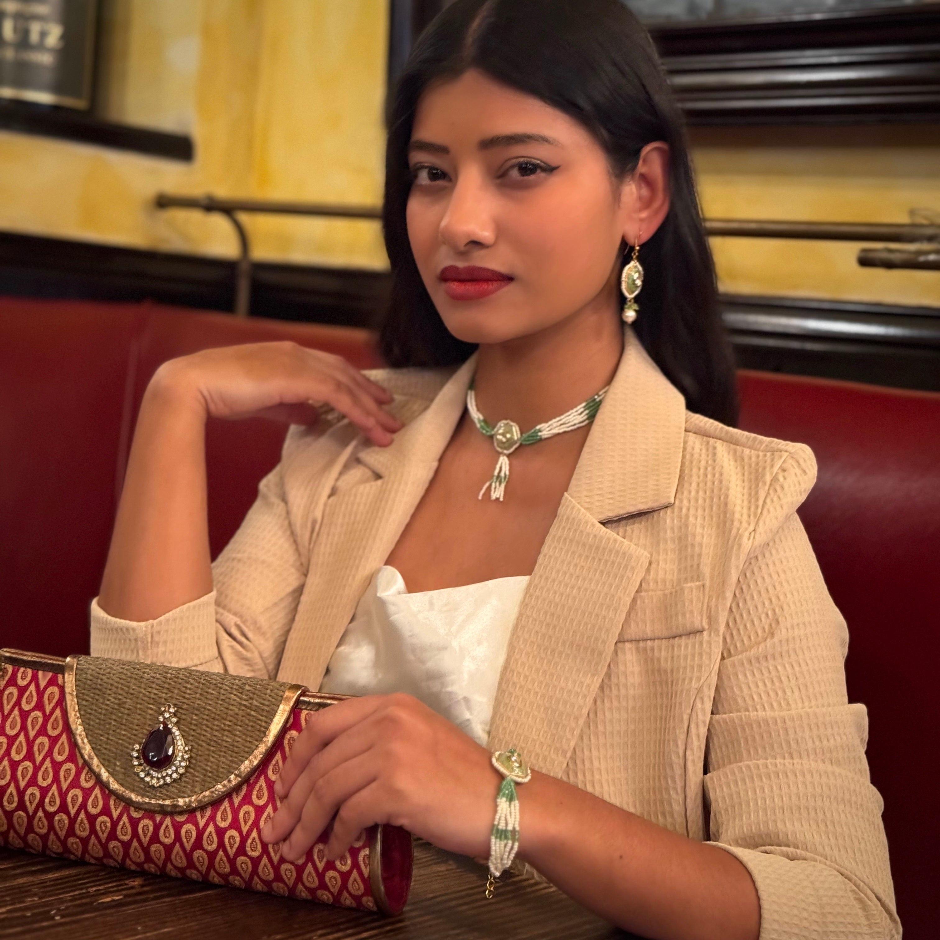 Green enamel choker, Kundan stone choker, luxury jewelry, adjustable choker, pearl choker, handcrafted jewelry, Jean Reinhardt inspired, statement necklace,