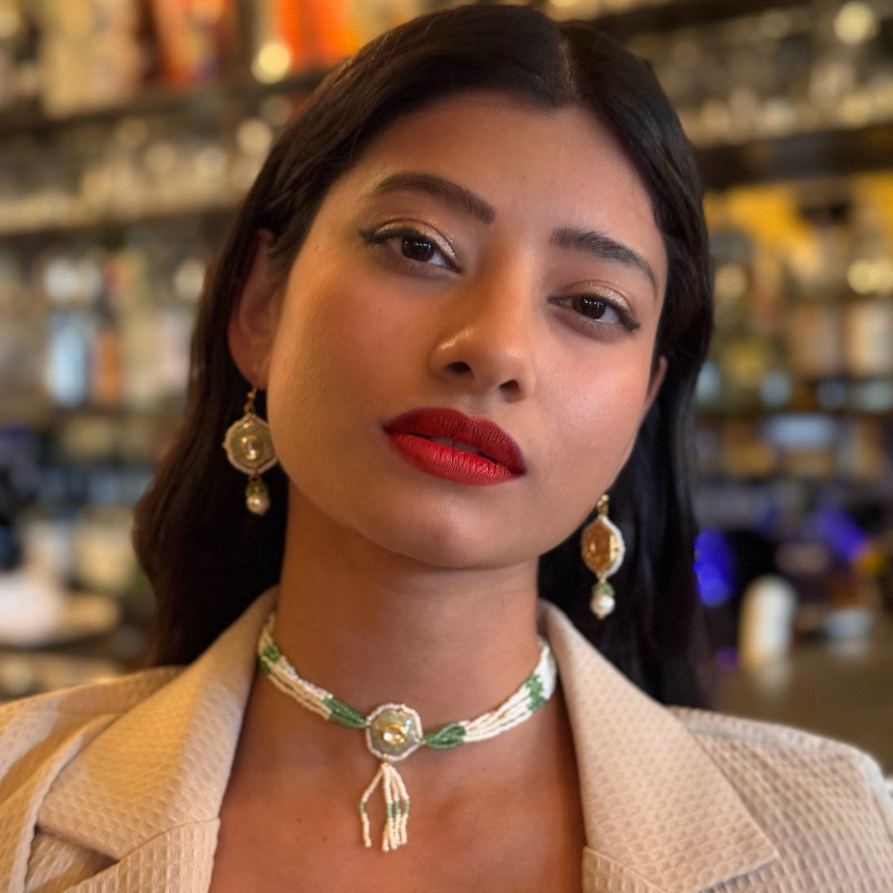 Green enamel choker, Kundan stone choker, luxury jewelry, adjustable choker, pearl choker, handcrafted jewelry, Jean Reinhardt inspired, statement necklace,