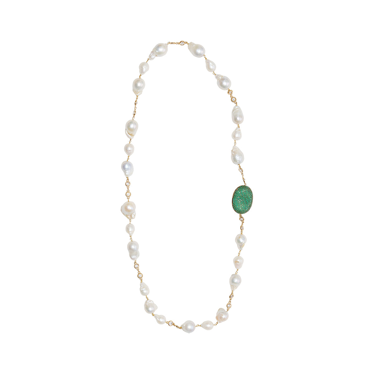 Baroque Pearl and crystal neckalce with green bejeweled detail. Maheswary Collection by Veronica Tharmalingam. Rekha pearl necklace