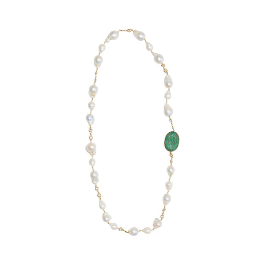 Baroque Pearl and crystal neckalce with green bejeweled detail. Maheswary Collection by Veronica Tharmalingam. Rekha pearl necklace