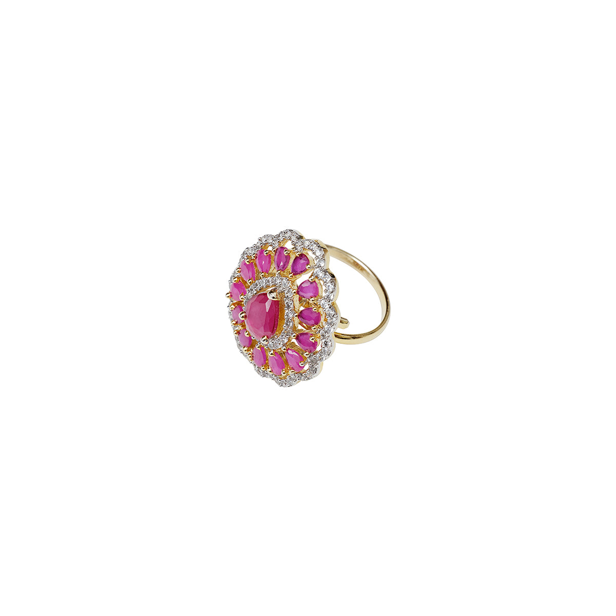 Pink and white ring, tear drop shape. mount gold. Thara ring from Maheswary Collection by Veronica Tharmalingam. Side view of the fuchsia and white stone detail
