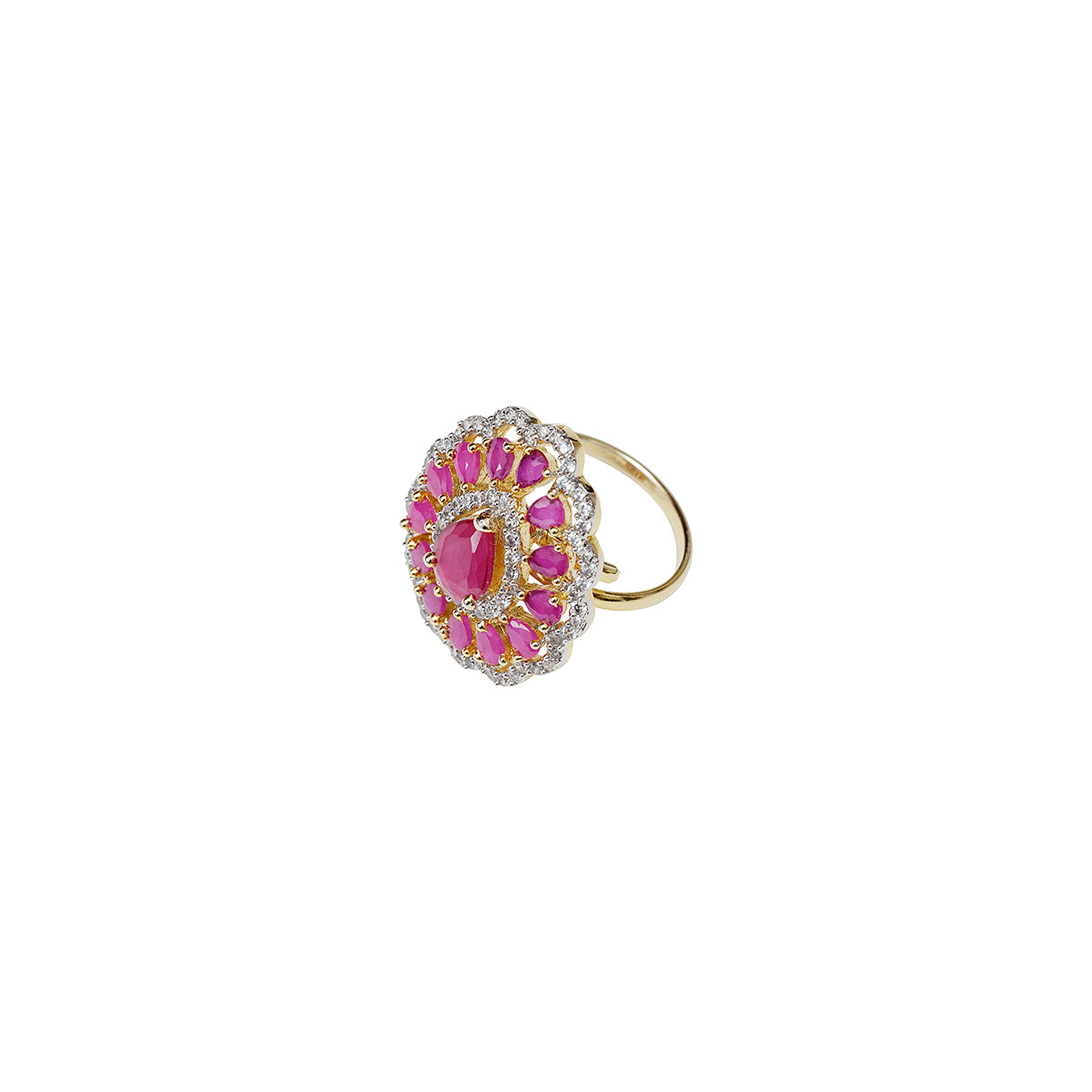 Pink and white ring, tear drop shape. mount gold. Thara ring from Maheswary Collection by Veronica Tharmalingam. Side view of the fuchsia and white stone detail 