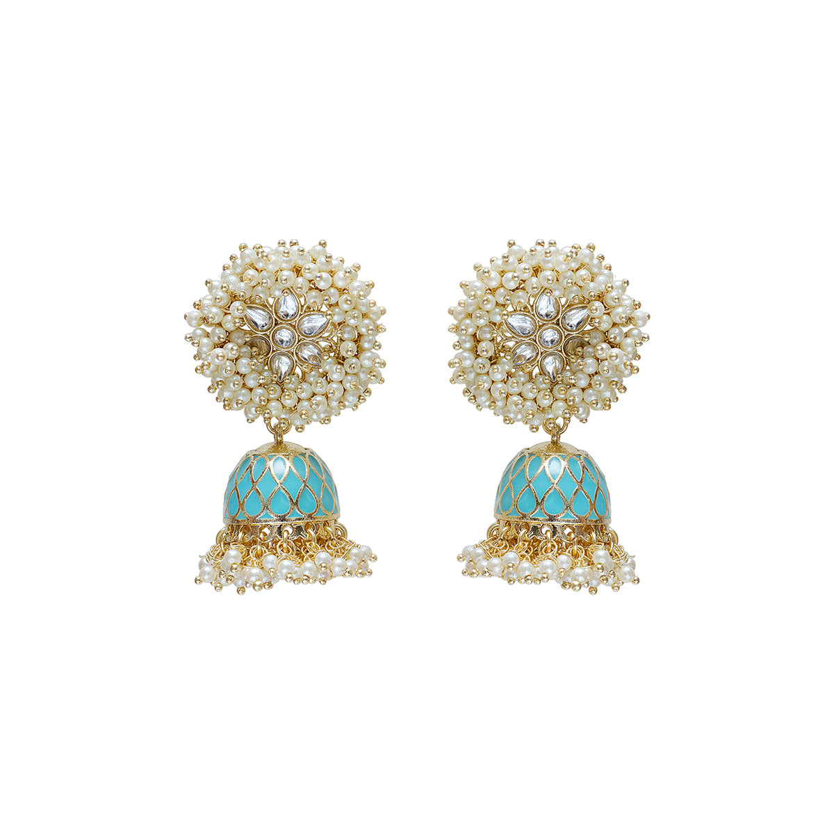 Pearl gold and turquoise earrings statement piece. Pearls and kundan detail Medha earrings by Veronica Tharmalingam from Maheswary Collection