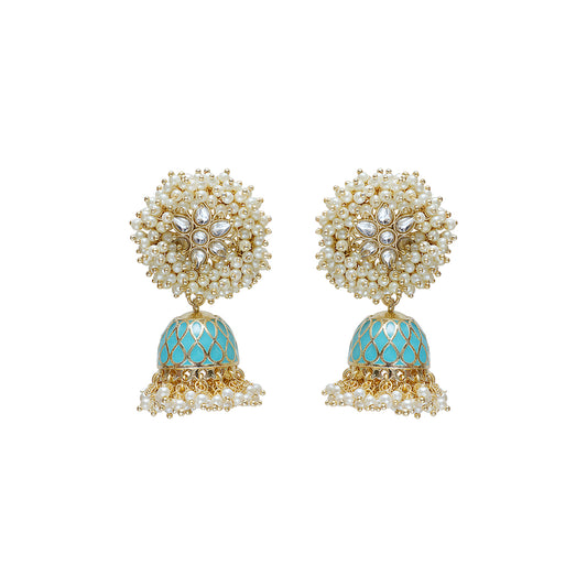 Pearl gold and turquoise earrings statement piece. Pearls and kundan detail Medha earrings by Veronica Tharmalingam from Maheswary Collection