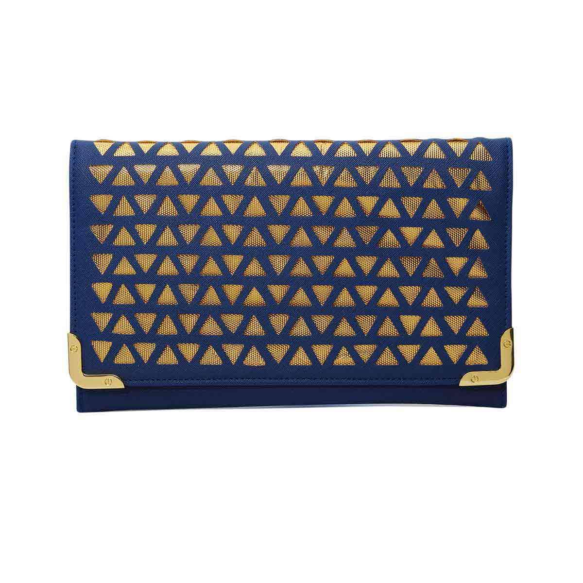 Nisha bag Faux leather Navy blue and gold pochette with chain strap. Hook on strap for multiple positions. Rani collection by Veronica Tharmalingam.Front view of the handbag