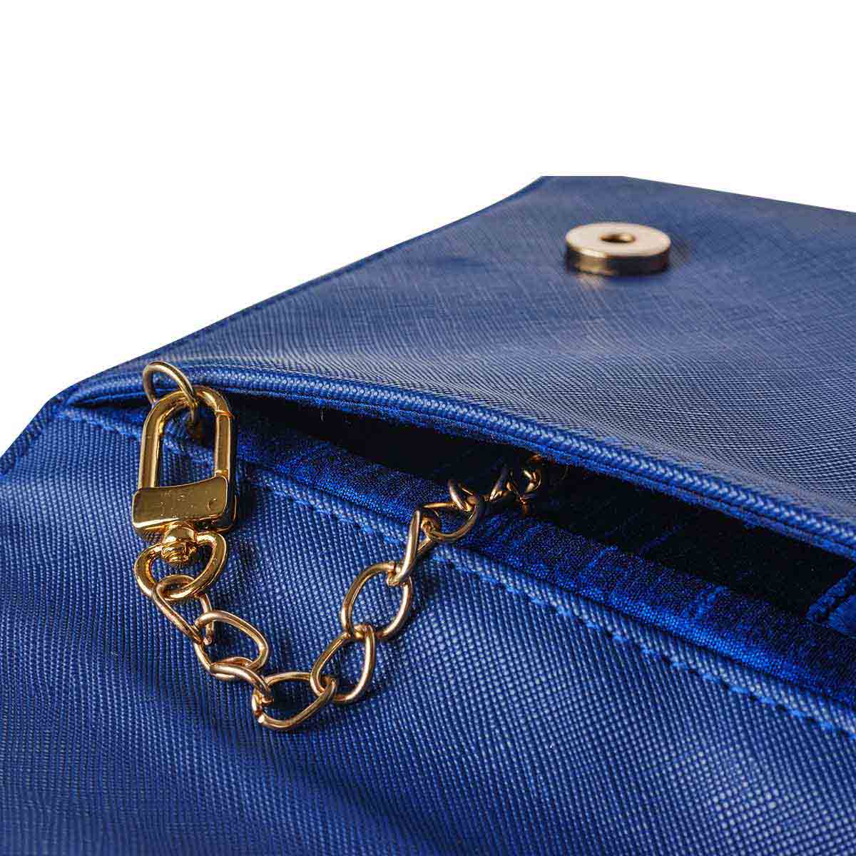 Nisha bag Faux leather Navy blue and gold pochette with chain strap. Hook on strap for multiple positions. Rani collection by Veronica Tharmalingam. hook on chain strap for versatile holding postions.