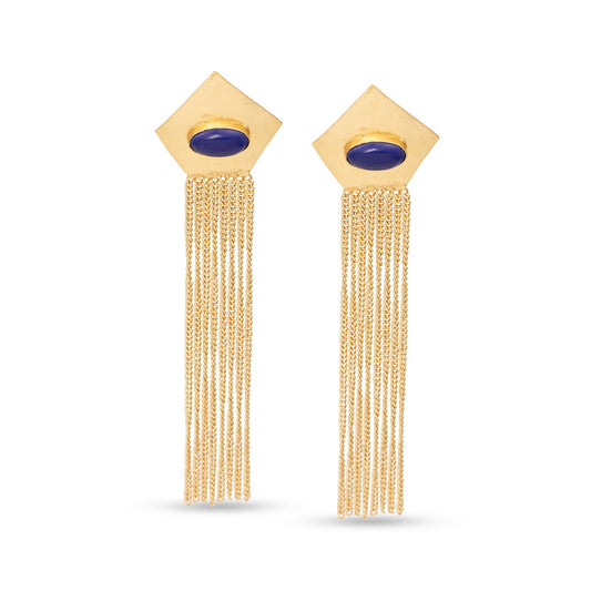 Gold earrings with blue stones and long chains on a white background