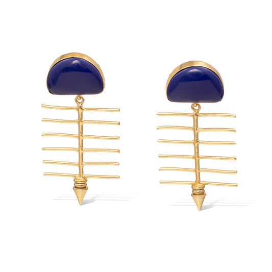 Pair of gold and blue earrings on a white background