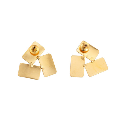 Gold earrings with rectangular pendants on a white background