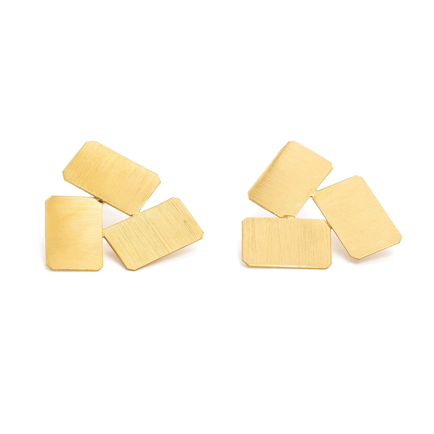 Gold rectangular made into triangle shapes earrings on a white background