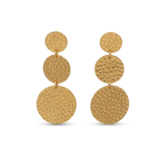 Pair of gold earrings with textured circular design on a white background