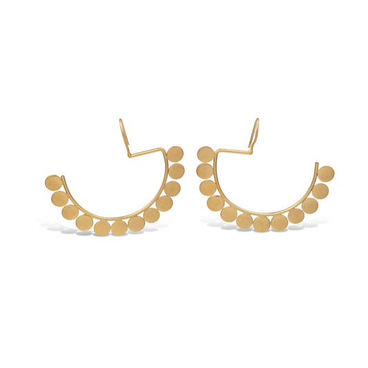 Gold hoop earrings with circular accents on a white background