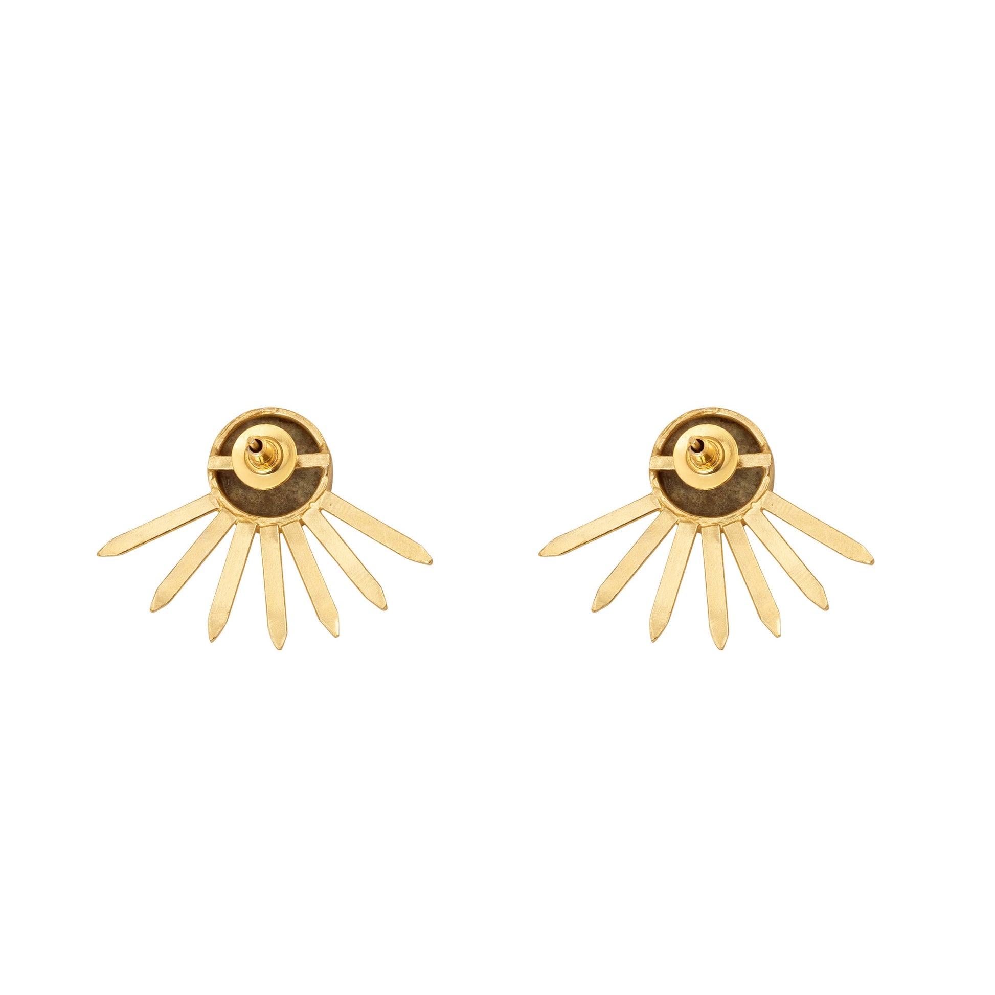 Pair of gold earrings with star-like design on a white background