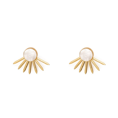 Pair of gold earrings with pearl center on a white background