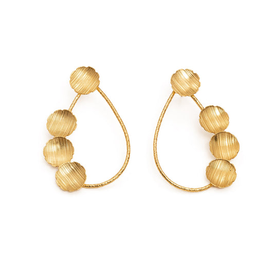 Pair of gold hoop earrings with spherical elements on a white background
