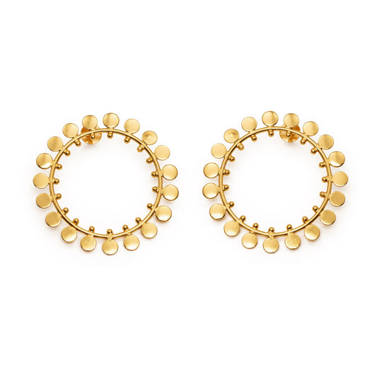 Gold earrings with circular design on a white background