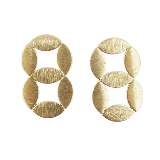 Pair of gold earrings with geometric design on a white background