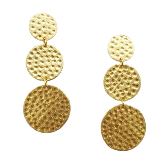 Gold earrings with textured circular designs on a white background