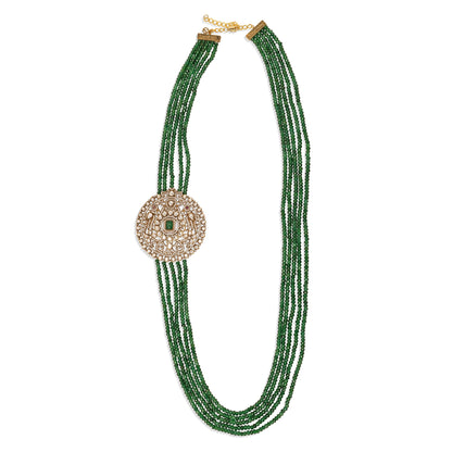 Green beaded necklace with a decorative clasp on a white background