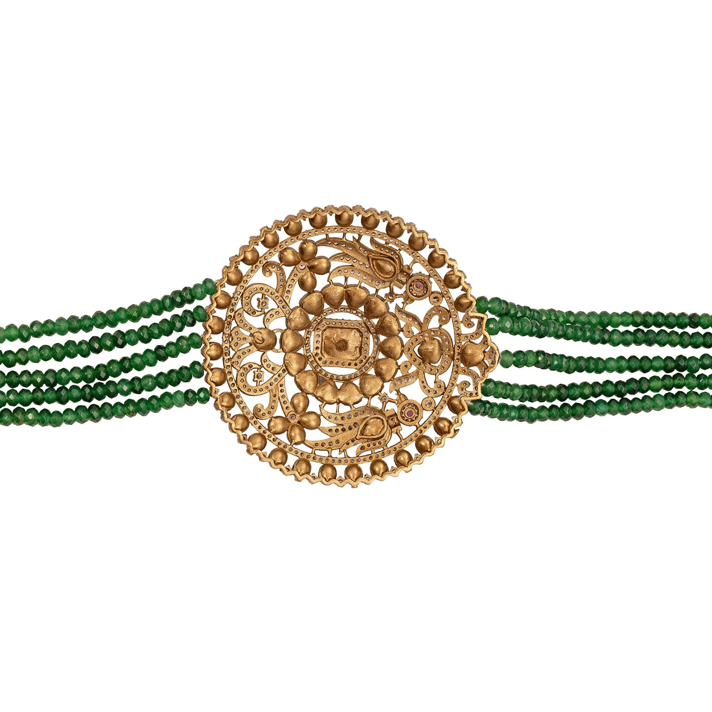 Gold and green beaded necklace on a white background