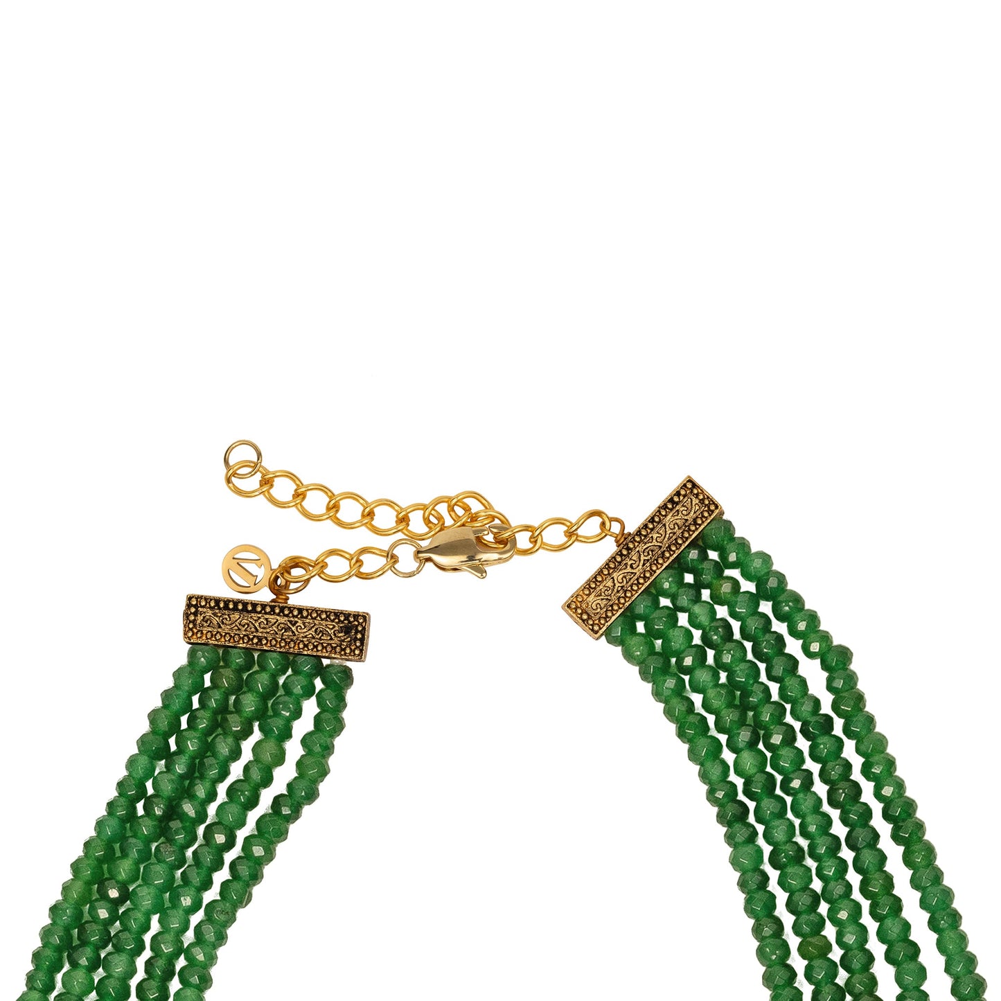 Green beaded necklace with gold chain and clasp on a white background