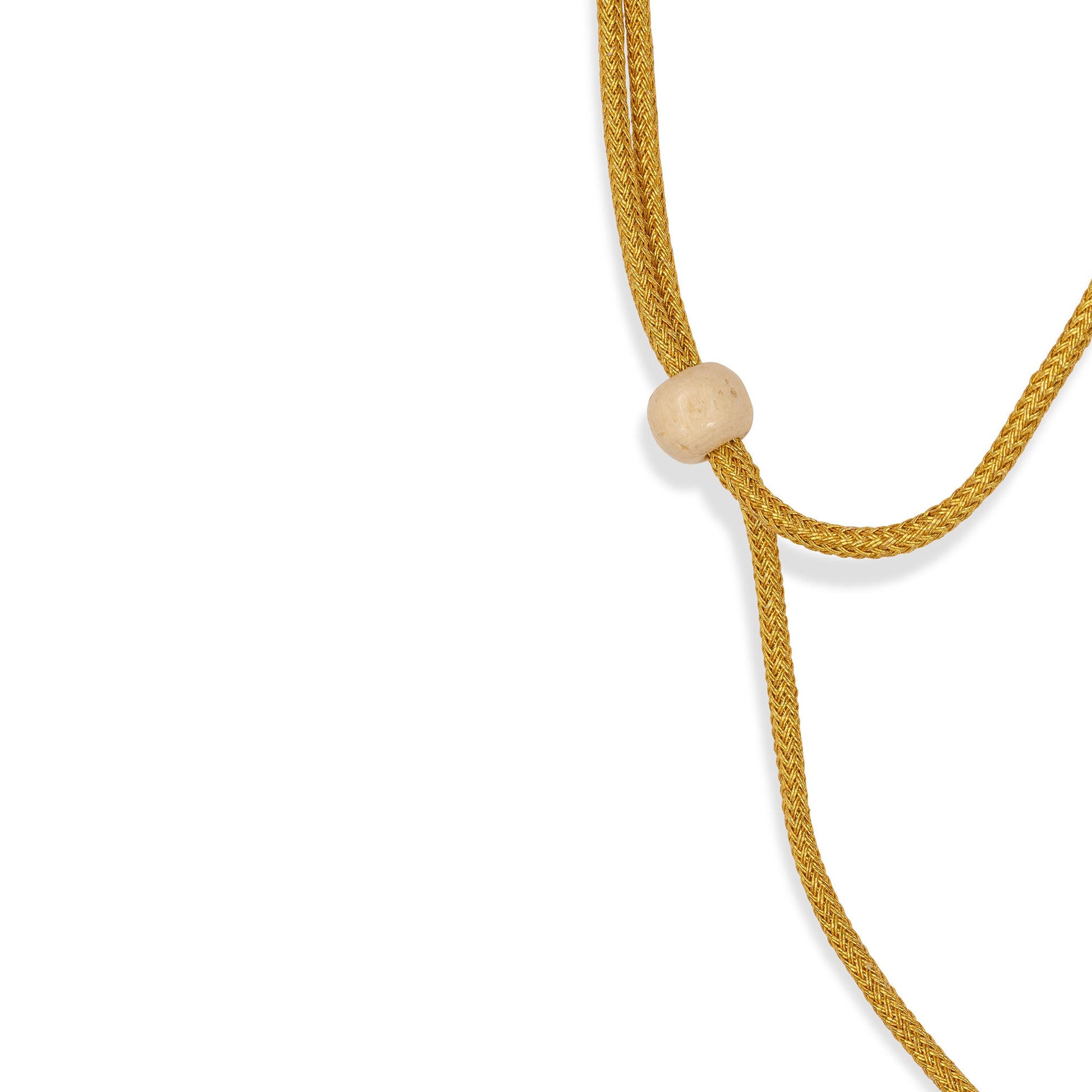 Gold necklace with a wooden bead on a white background