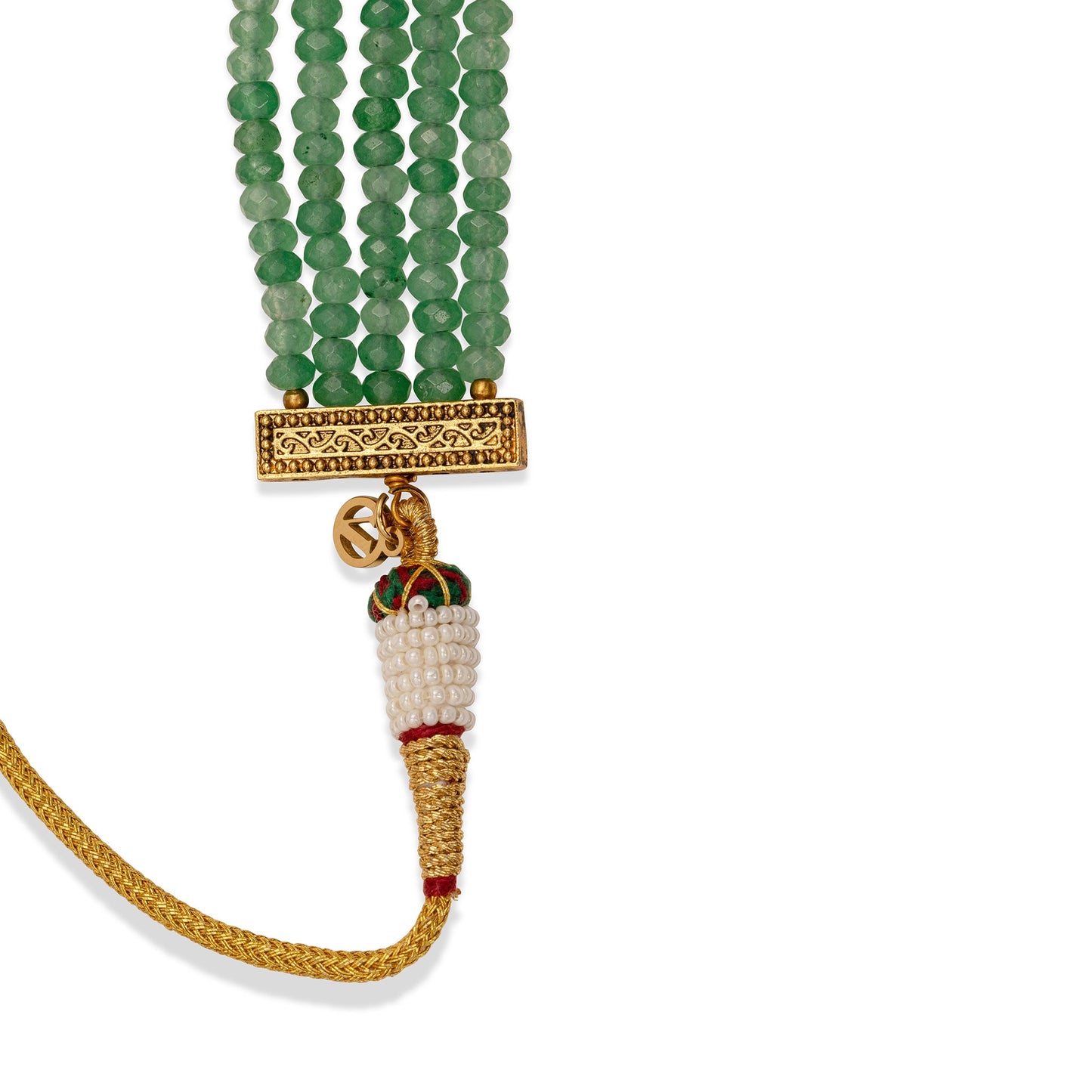 Green beaded necklace with gold clasp and decorative tassel on a white background