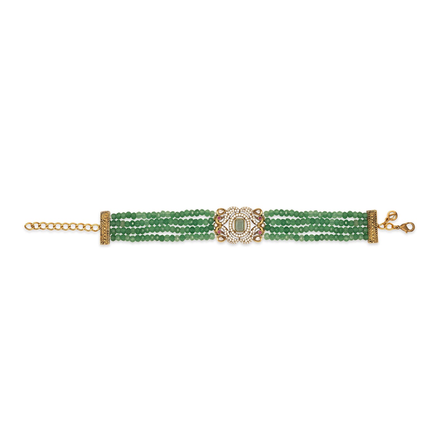 Green beaded bracelet with gold clasp on a white background