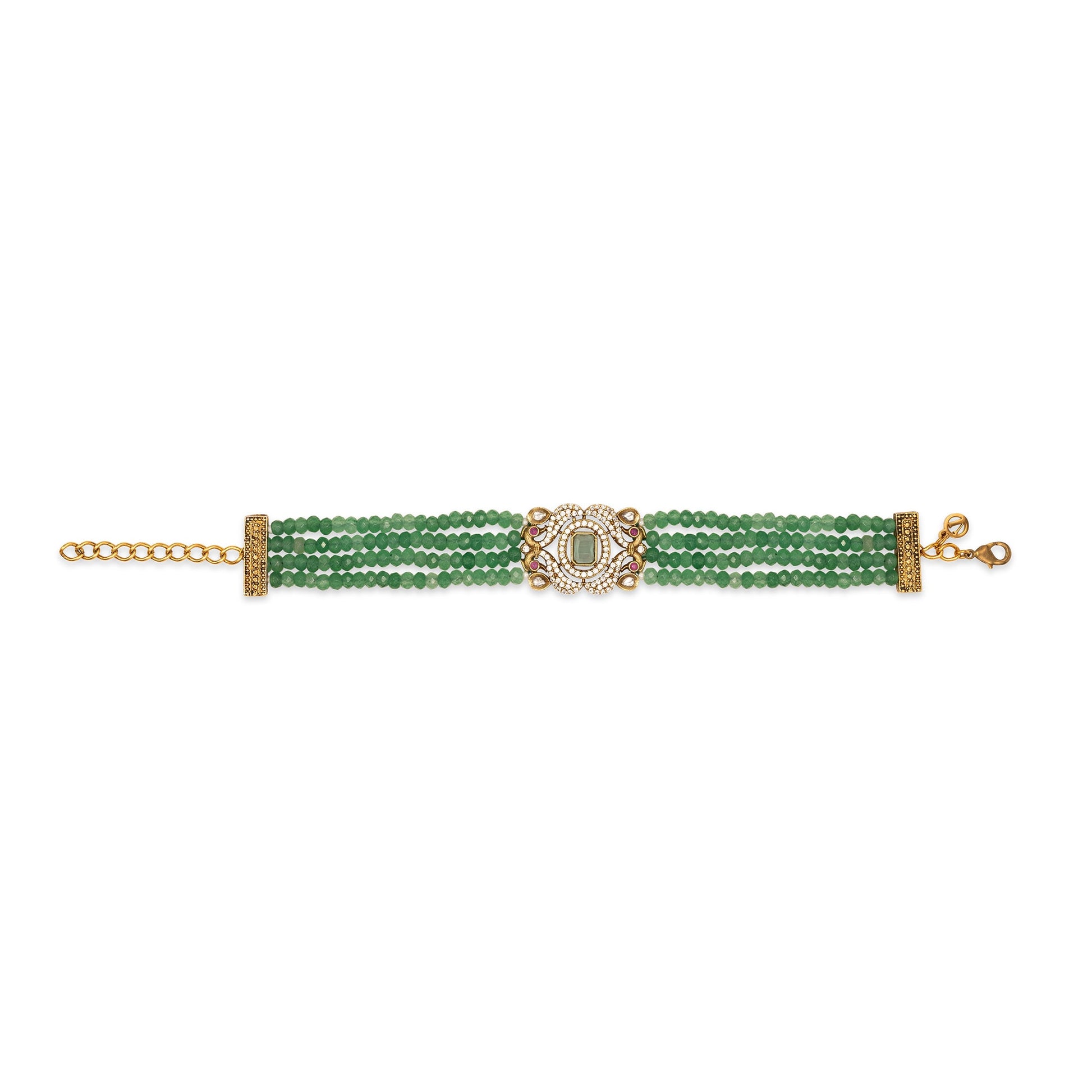Green beaded bracelet with gold clasp on a white background