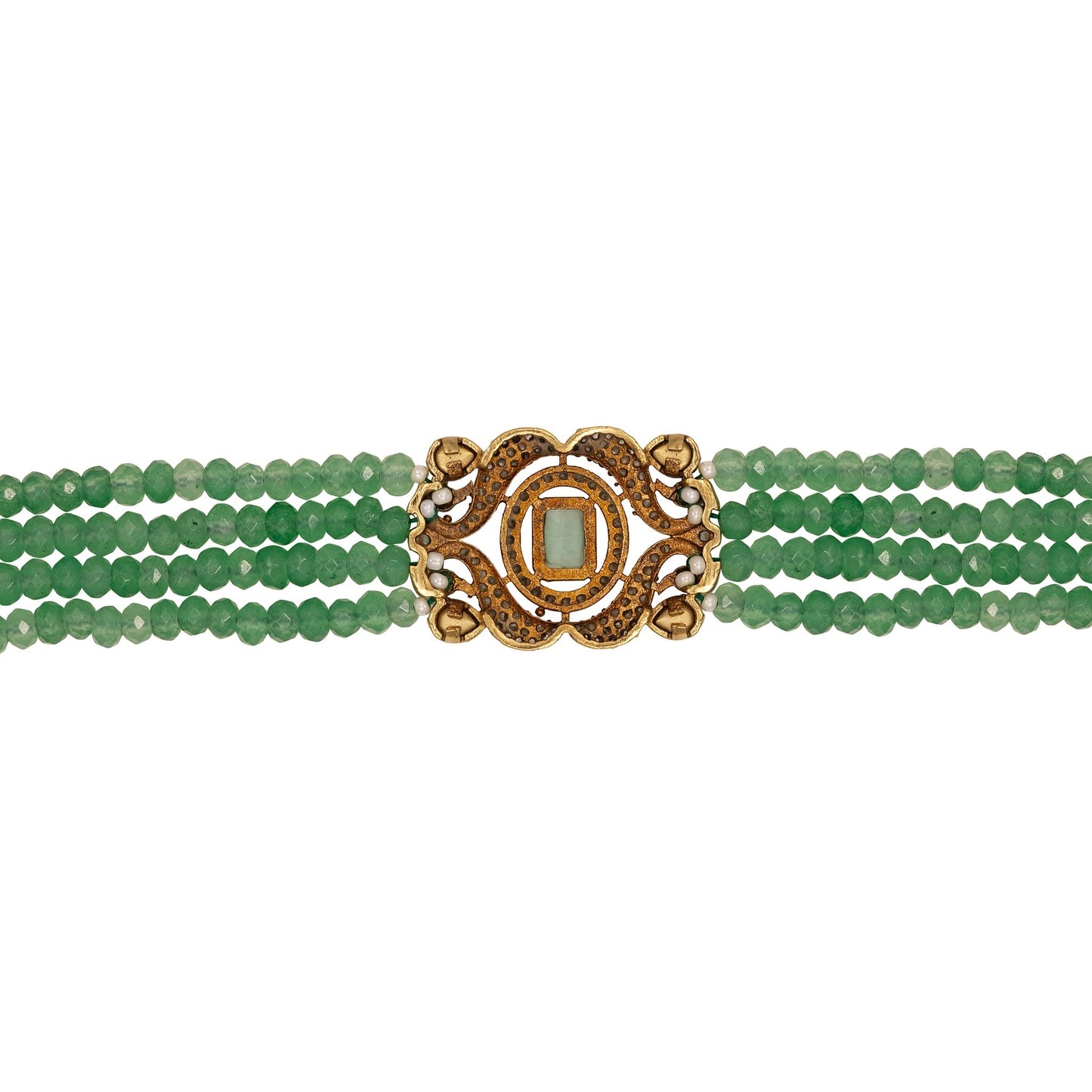 Green beaded bracelet with a gold clasp on a white background