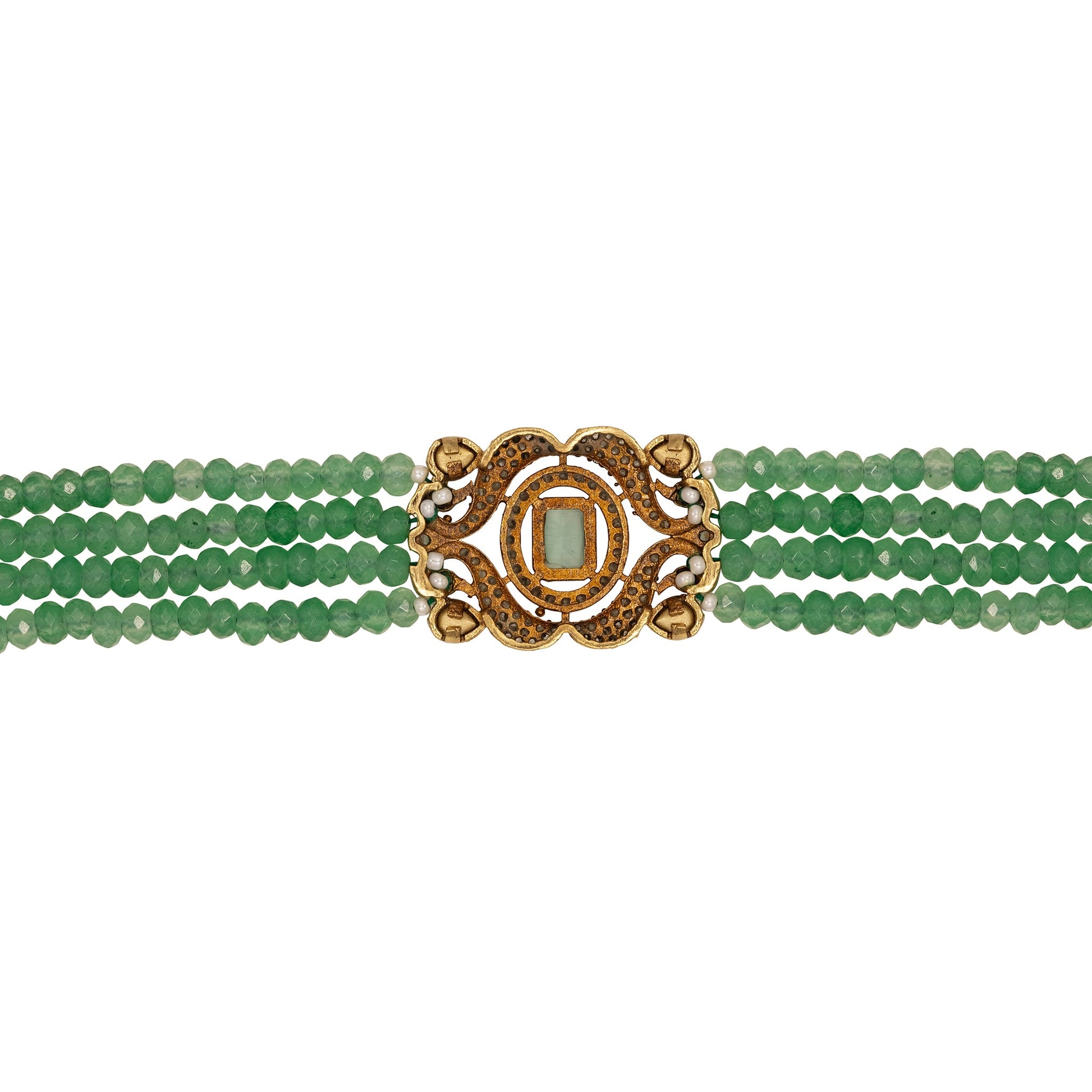 Green beaded bracelet with a gold clasp on a white background