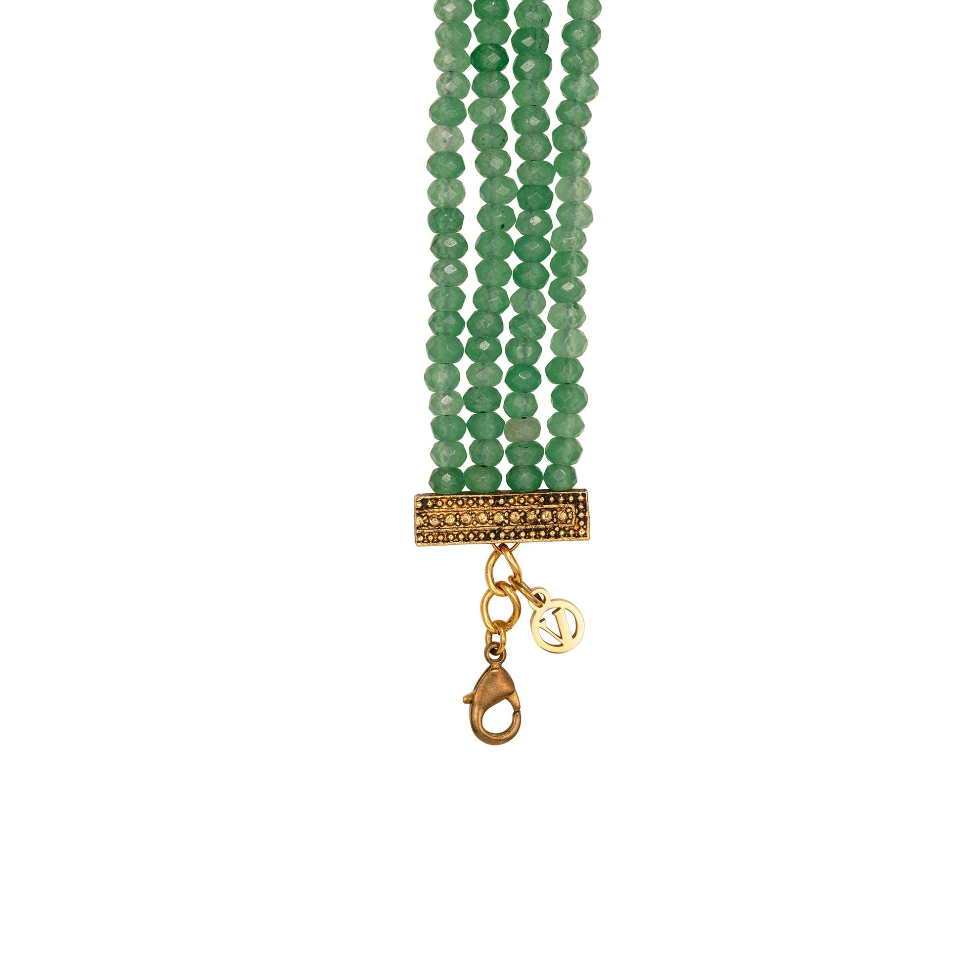 Green beaded bracelet with a gold clasp on a white background