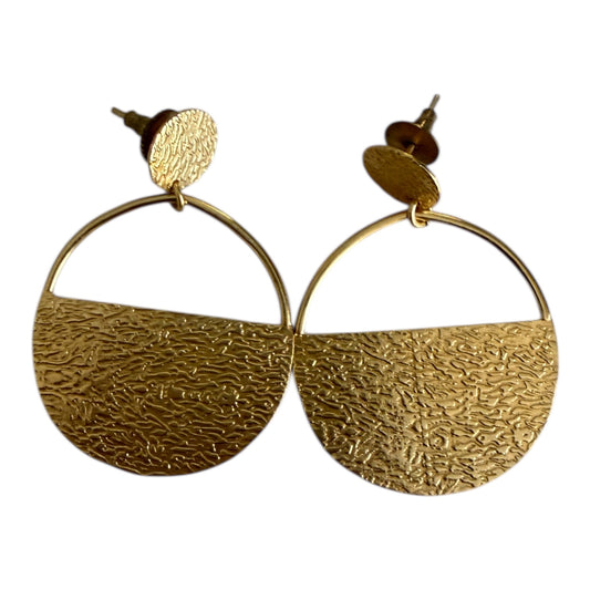 Gold hoop earrings with textured half-circle designs on a white background