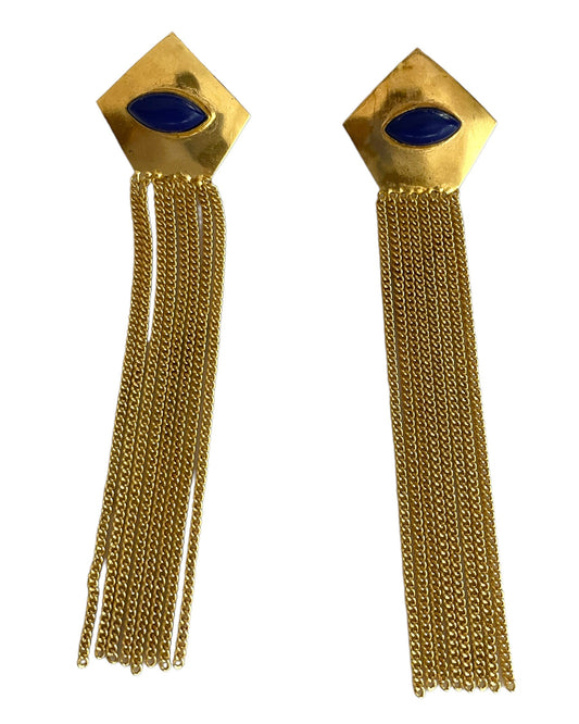 Gold chain tassel earrings with blue gemstones on a white background