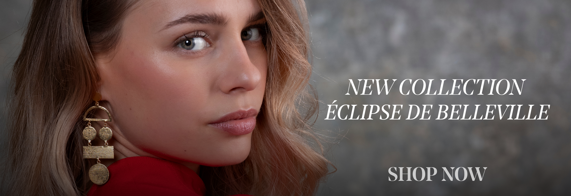 Blond woman wearing gold earrings with text promoting a new collection by Éclipse de Belleville. Indian and French inspired collection