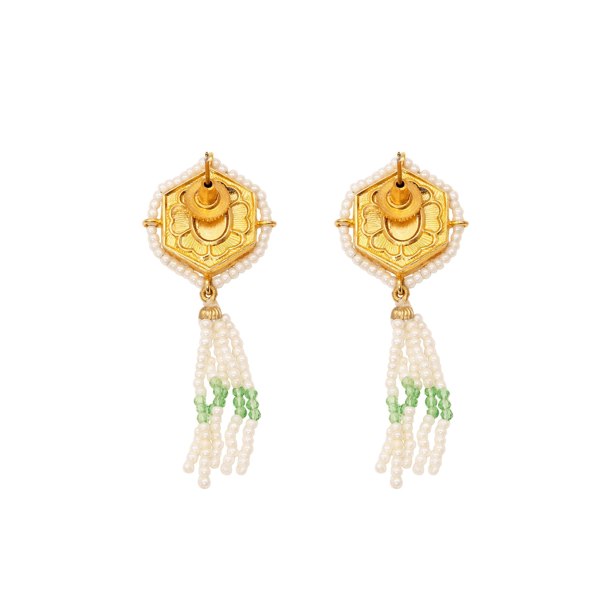 Gold earrings with pearl and green bead decorations on a white background