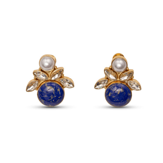 Pair of earrings with blue stones and pearls on a white background