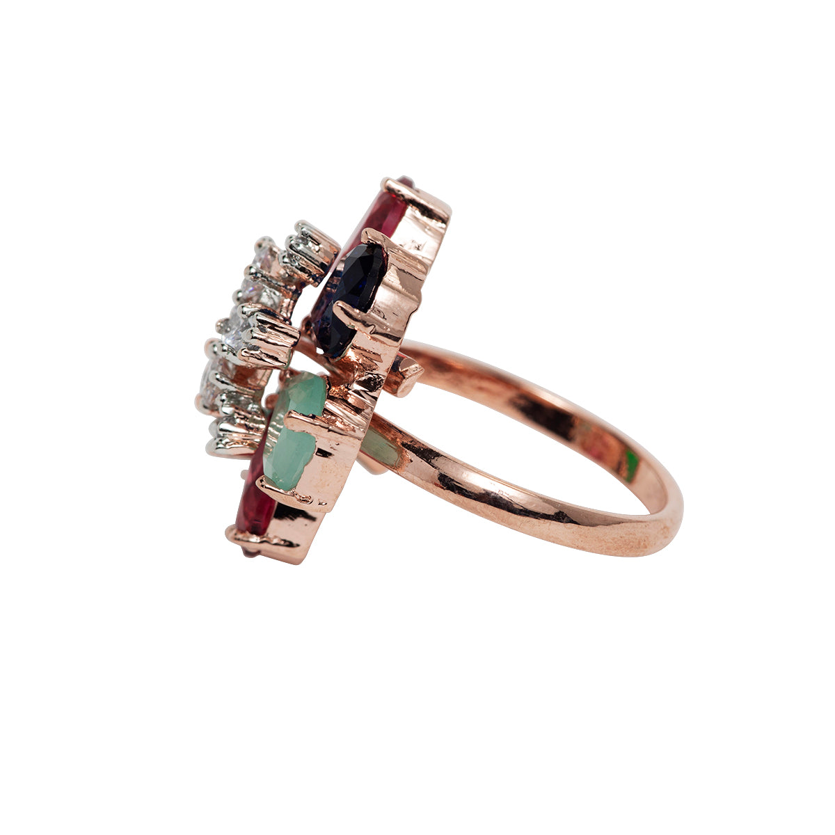Rose gold ring with gemstones on a white background