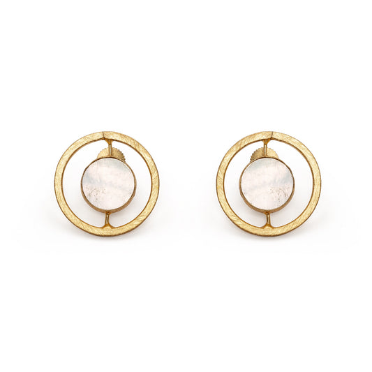Pair of gold earrings with circular designs on a white background
