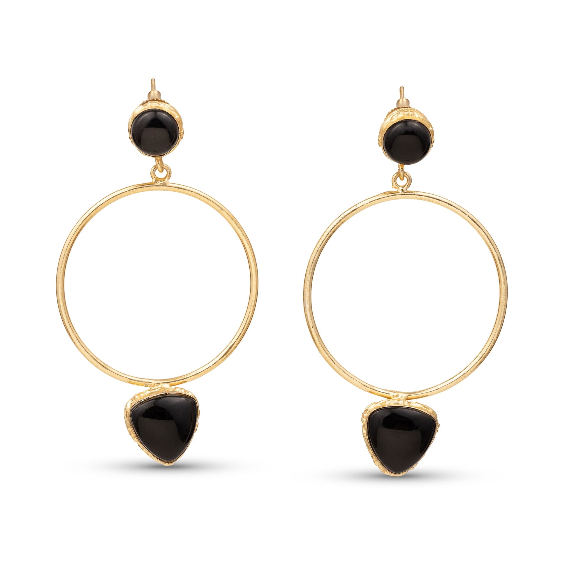 Gold hoop earrings with black gemstones on a white background
