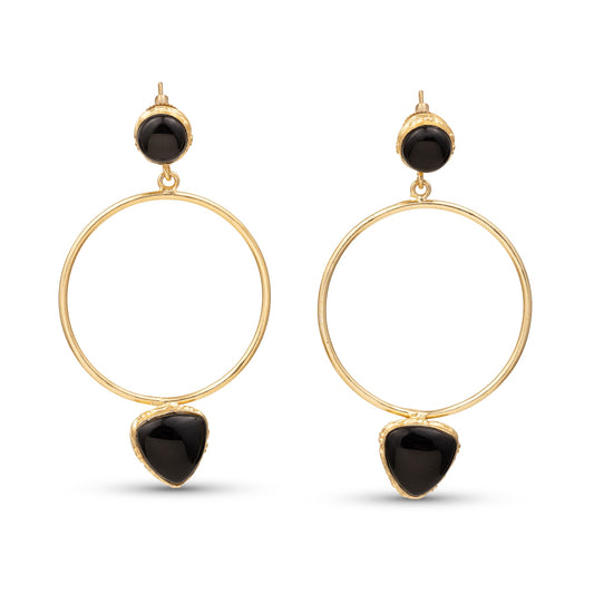 Gold hoop earrings with black gemstones on a white background